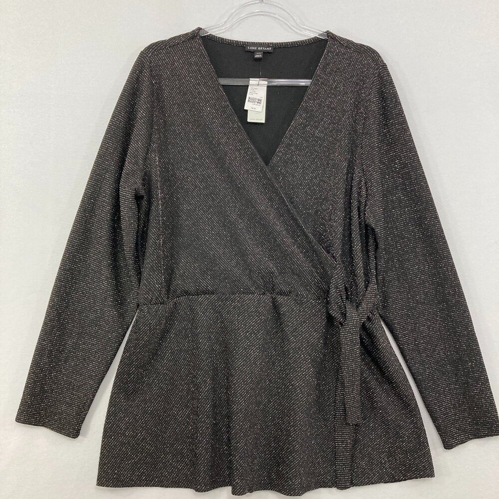 New Lane Bryant‎ size 14/16 Black Metallic Striped Tie Front Stretch Top Evening